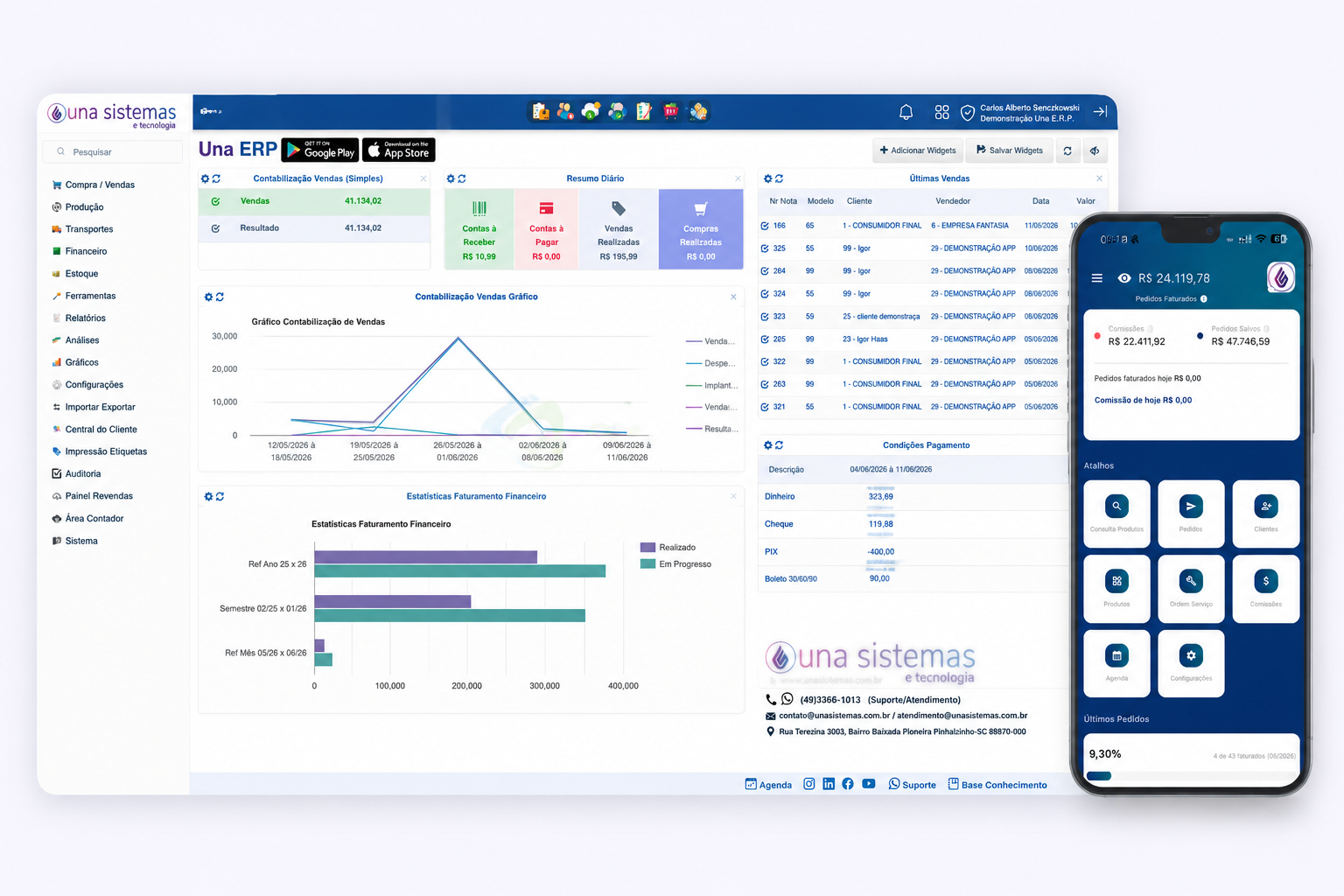 Tela do Una ERP com aplicativo mobile